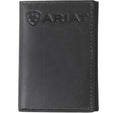 Ariat men's black leather trifold wallet with embossed logo on front