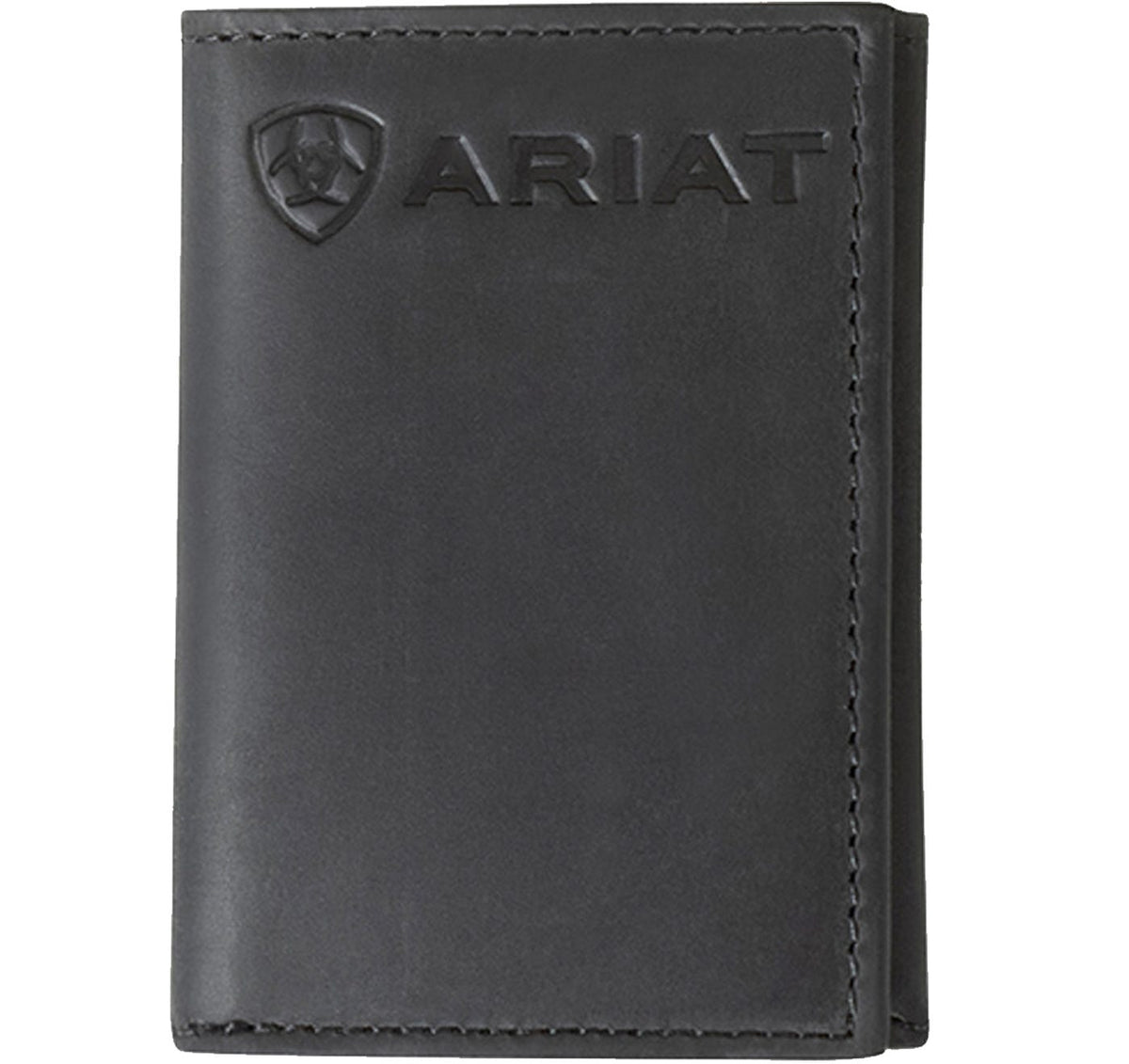 Ariat men's black leather trifold wallet with embossed logo on front