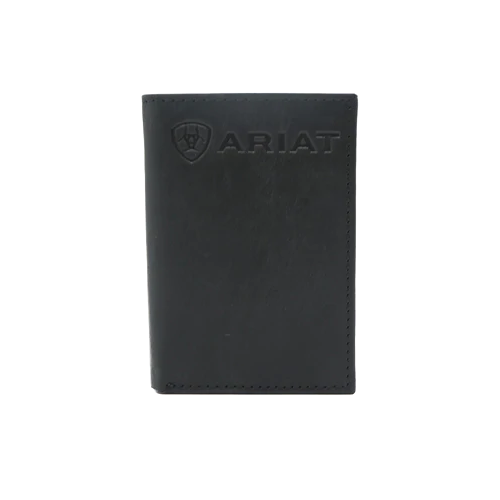 Ariat men's trifold leather wallet with embossed logo on front panel