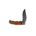 Ariat folding pocket knife with brown burl wood handle and stainless steel blade, partially open