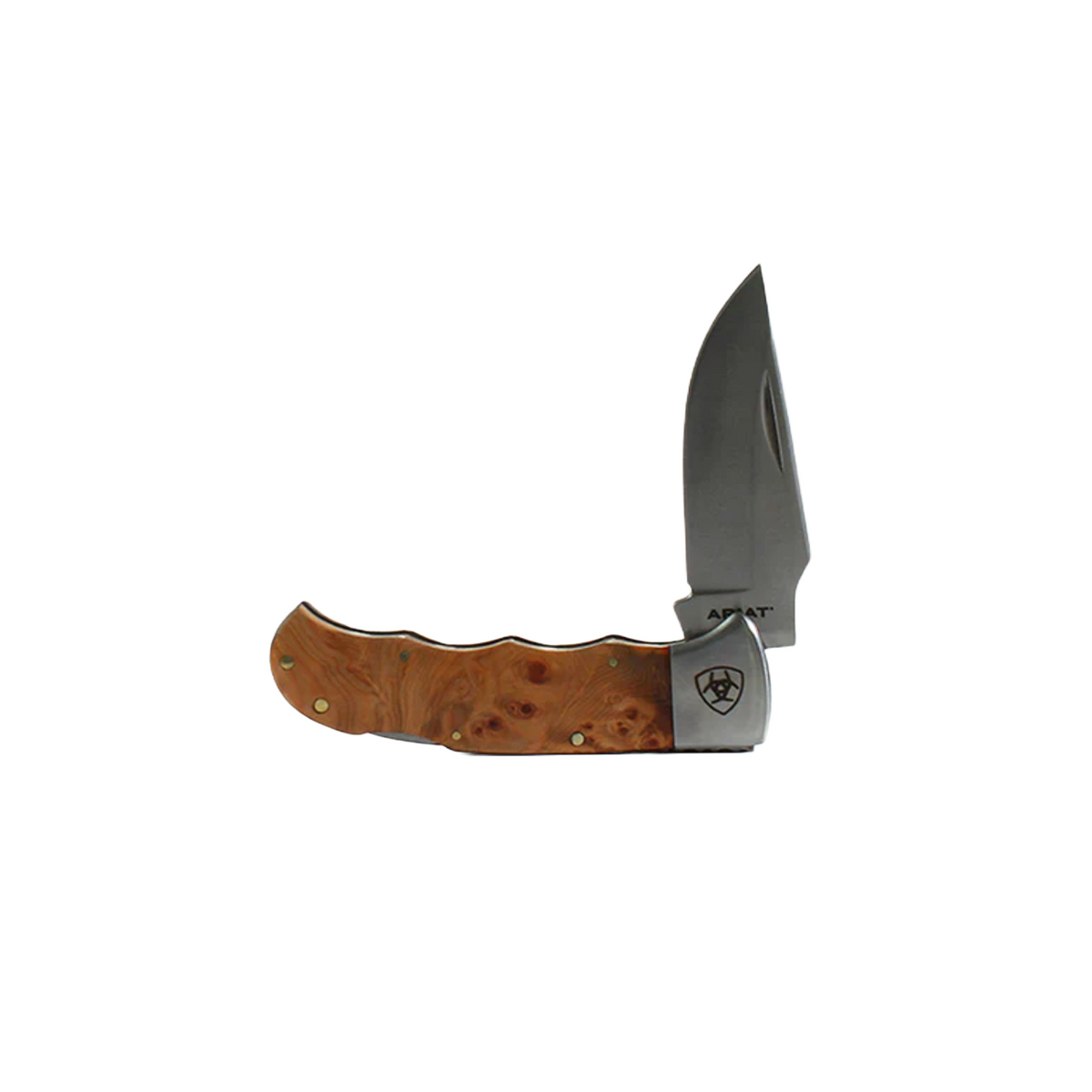 Ariat folding pocket knife with brown burl wood handle and stainless steel blade, partially open