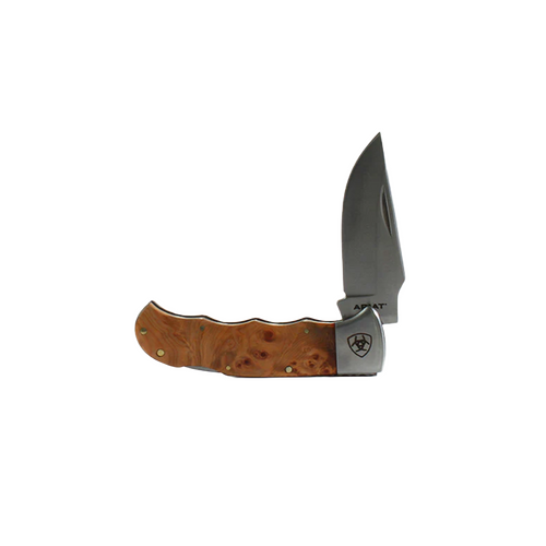 Ariat folding pocket knife with brown burl wood handle and stainless steel blade, partially open