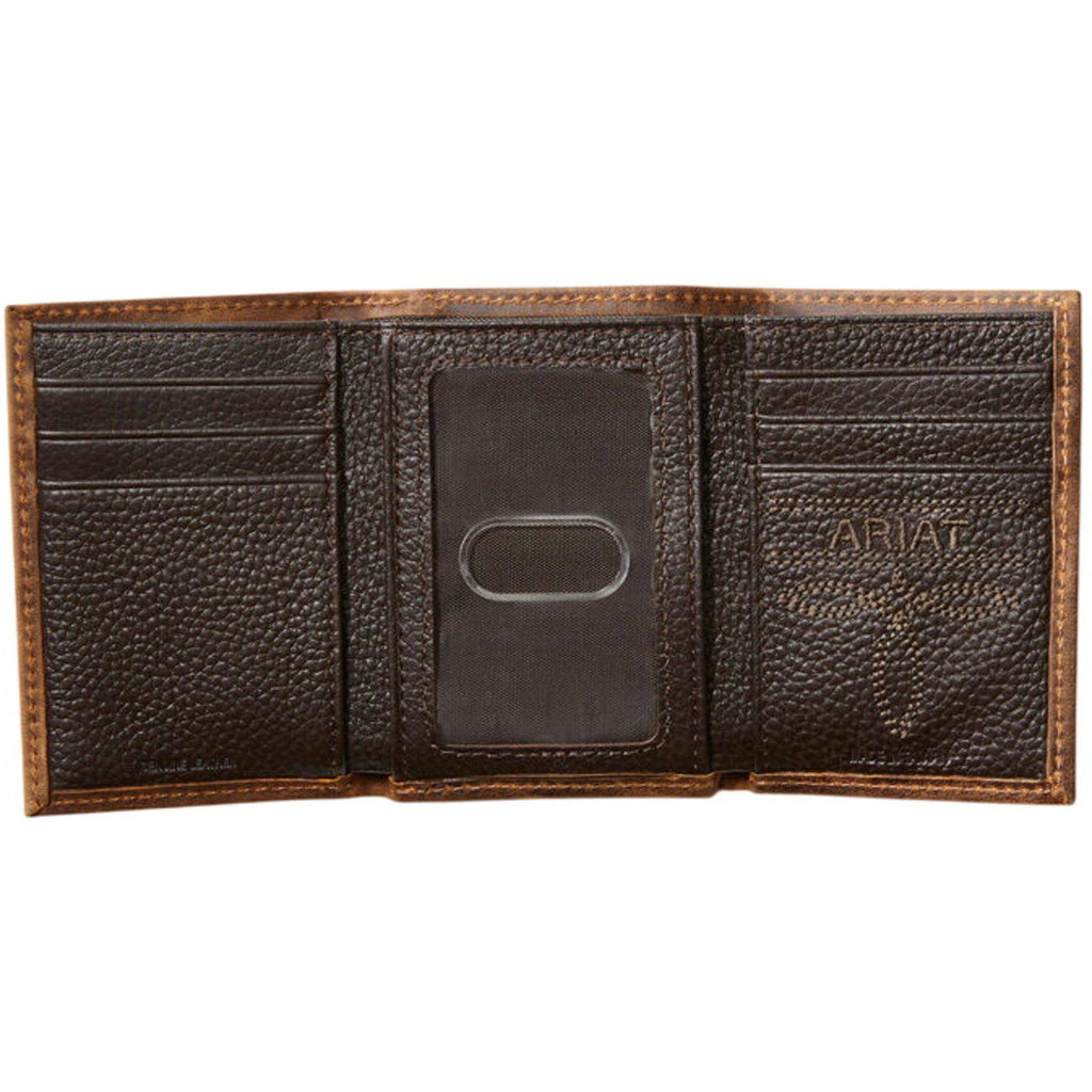 Ariat men's trifold leather wallet open showing card slots and ID window