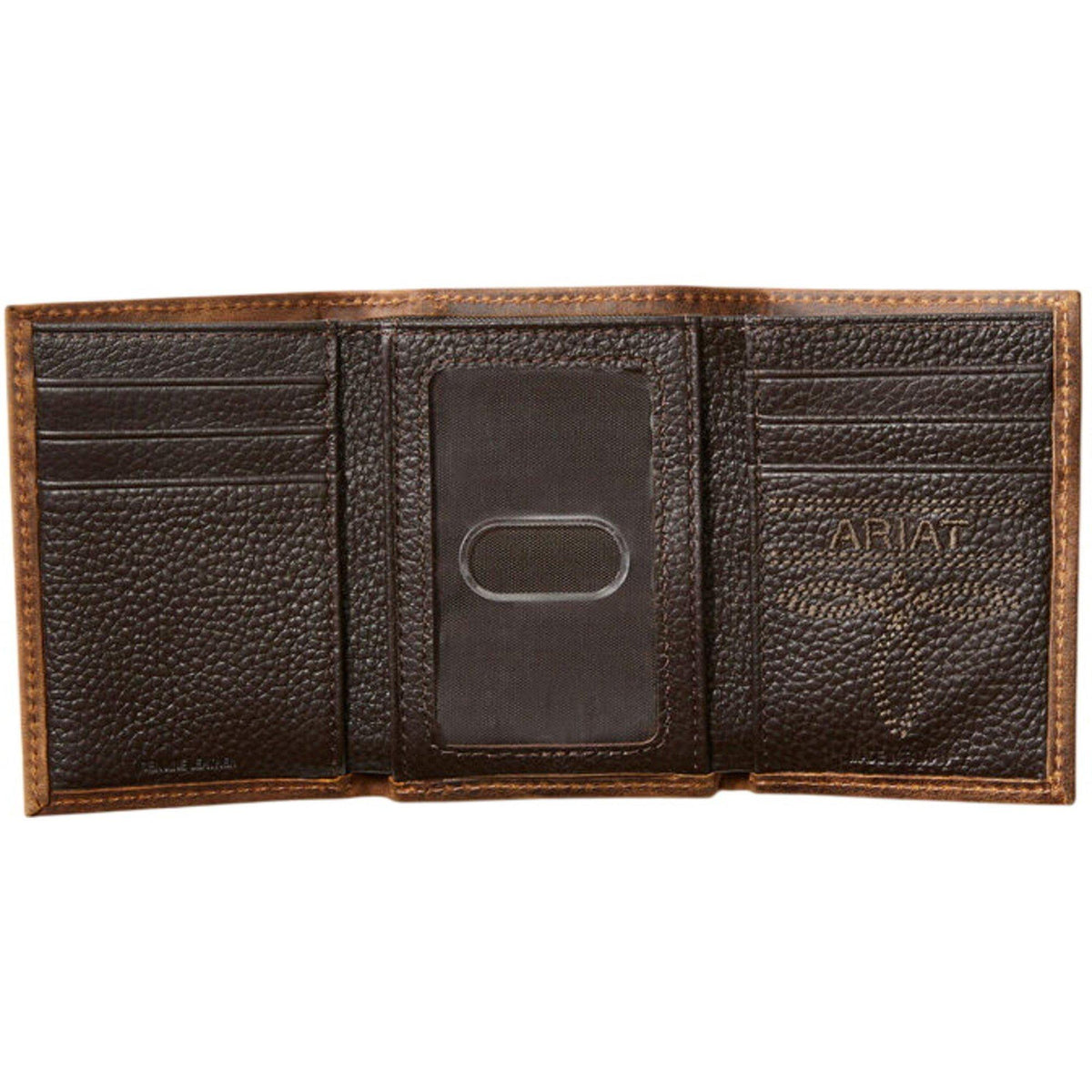 Ariat men's trifold leather wallet open showing card slots and ID window