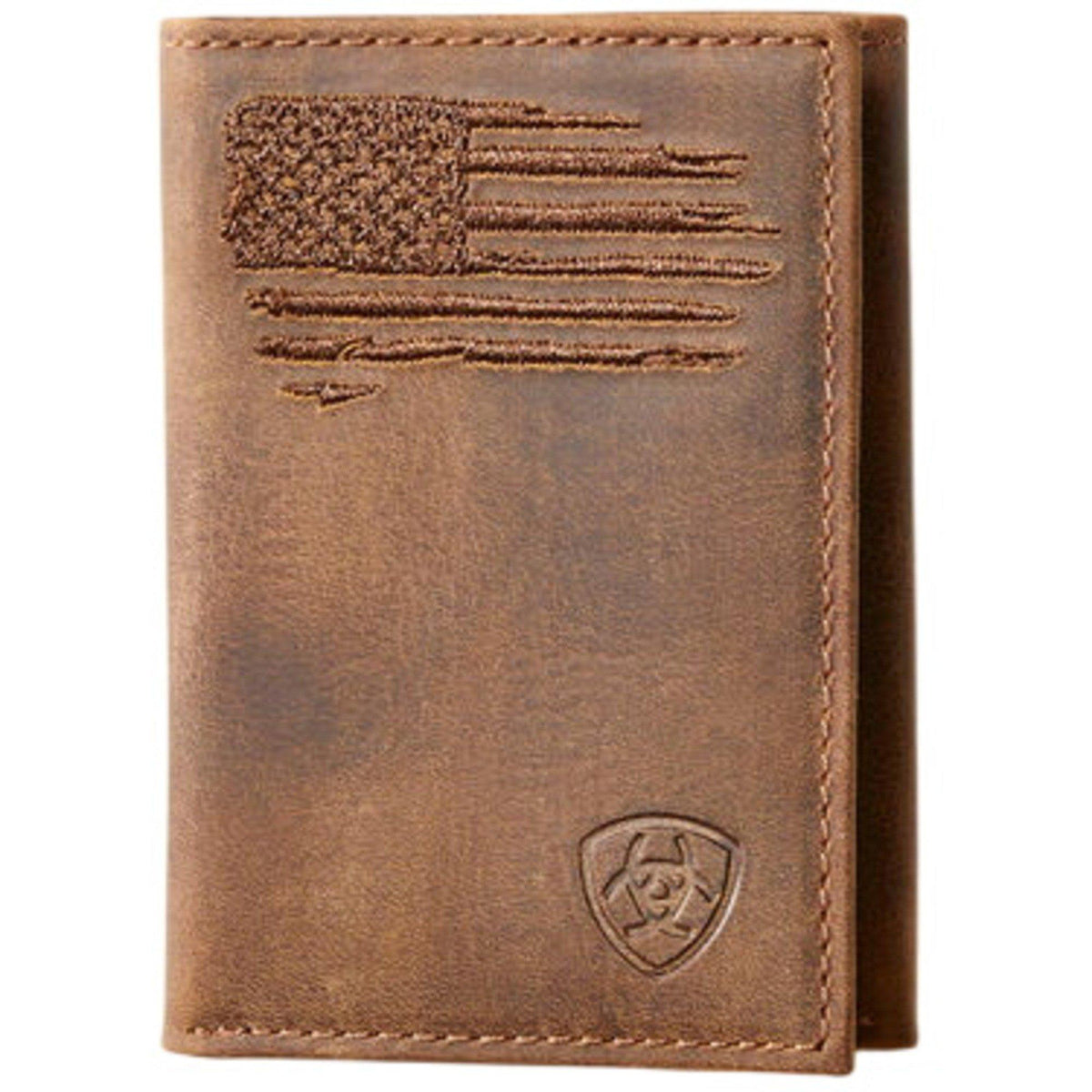 Ariat men's brown leather trifold wallet with embroidered distressed American flag and shield logo