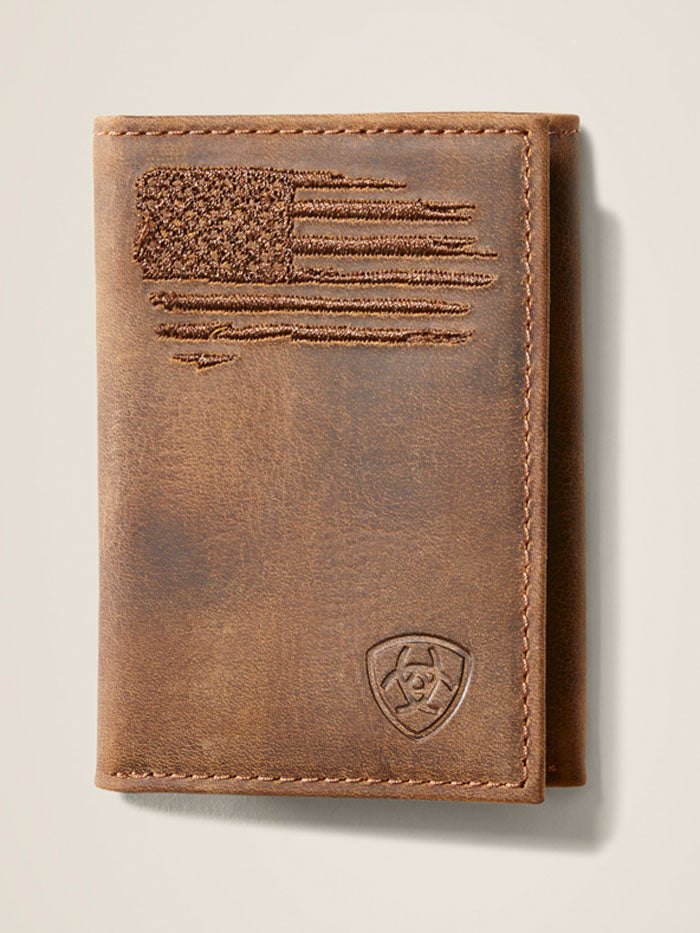 Ariat men's brown leather trifold wallet with embroidered American flag and shield logo