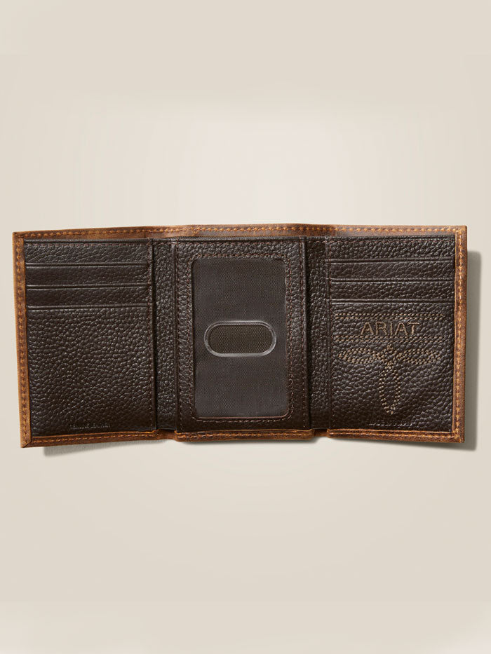 Ariat men's brown leather trifold wallet open showing card slots and money clip