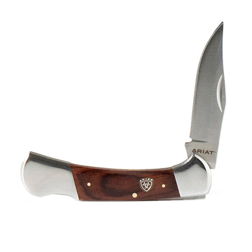 Ariat folding pocket knife with brown wood handle and stainless steel blade, partially open