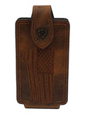 Ariat brown leather cell phone case with embossed USA flag and logo clip