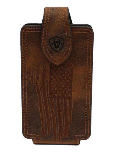 Ariat brown leather cell phone case with embossed USA flag and logo clip