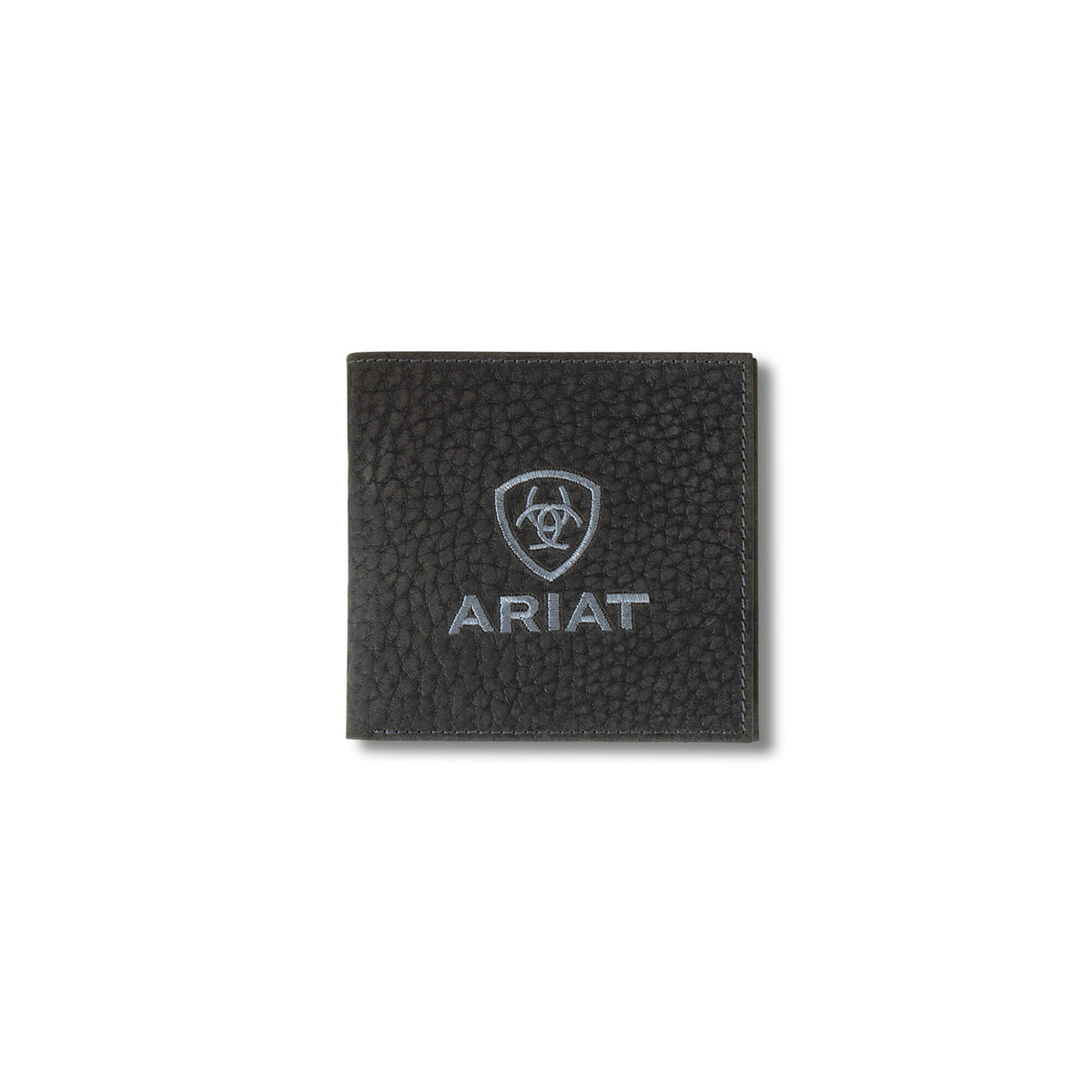 Ariat bi-fold wallet in dark pebbled leather with embroidered shield logo and brand name