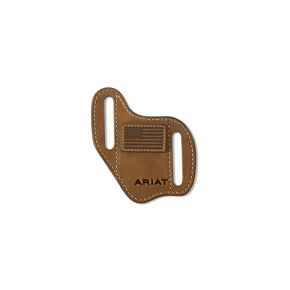 Ariat medium brown leather knife sheath with American flag embossed detail and belt slots