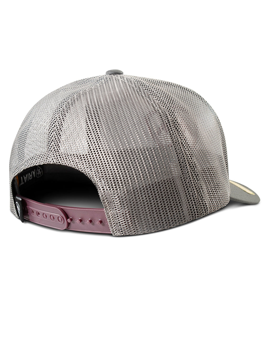 Back view of Ariat mens trucker hat with mesh panel and pink adjustable snapback closure