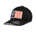 Ariat Flex Fit black baseball cap with embroidered USA flag and shield logo patch