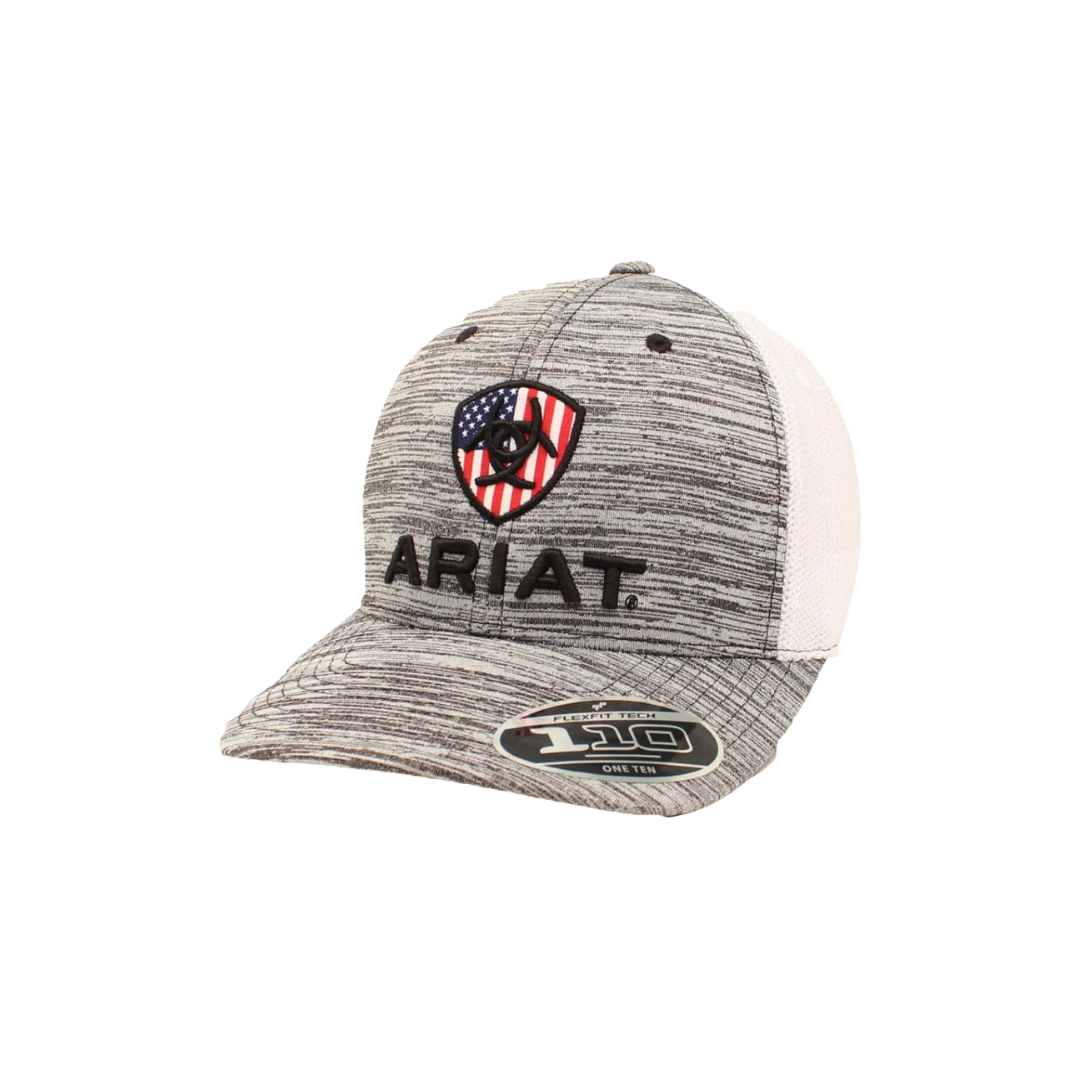 Ariat Flexfit 110 snapback cap with USA flag shield logo on heathered front panel