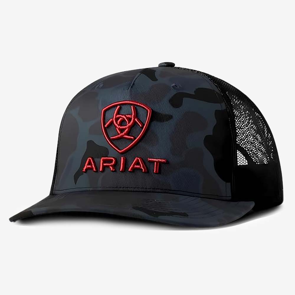 Ariat men's trucker cap with dark camo front panel, mesh back, and red embroidered logo