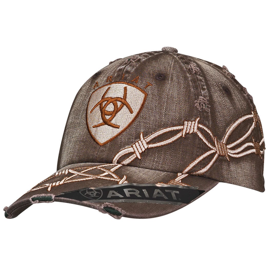 Ariat men's distressed baseball cap with embroidered barbwire design and logo patch
