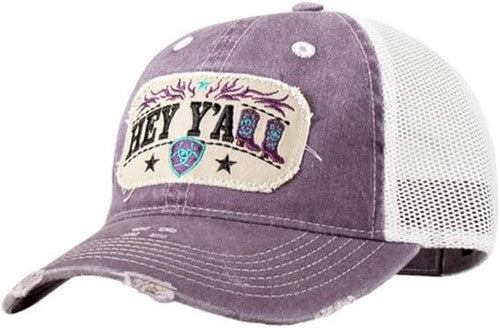 Distressed dark purple trucker cap with Hey Y'All embroidered patch and mesh back