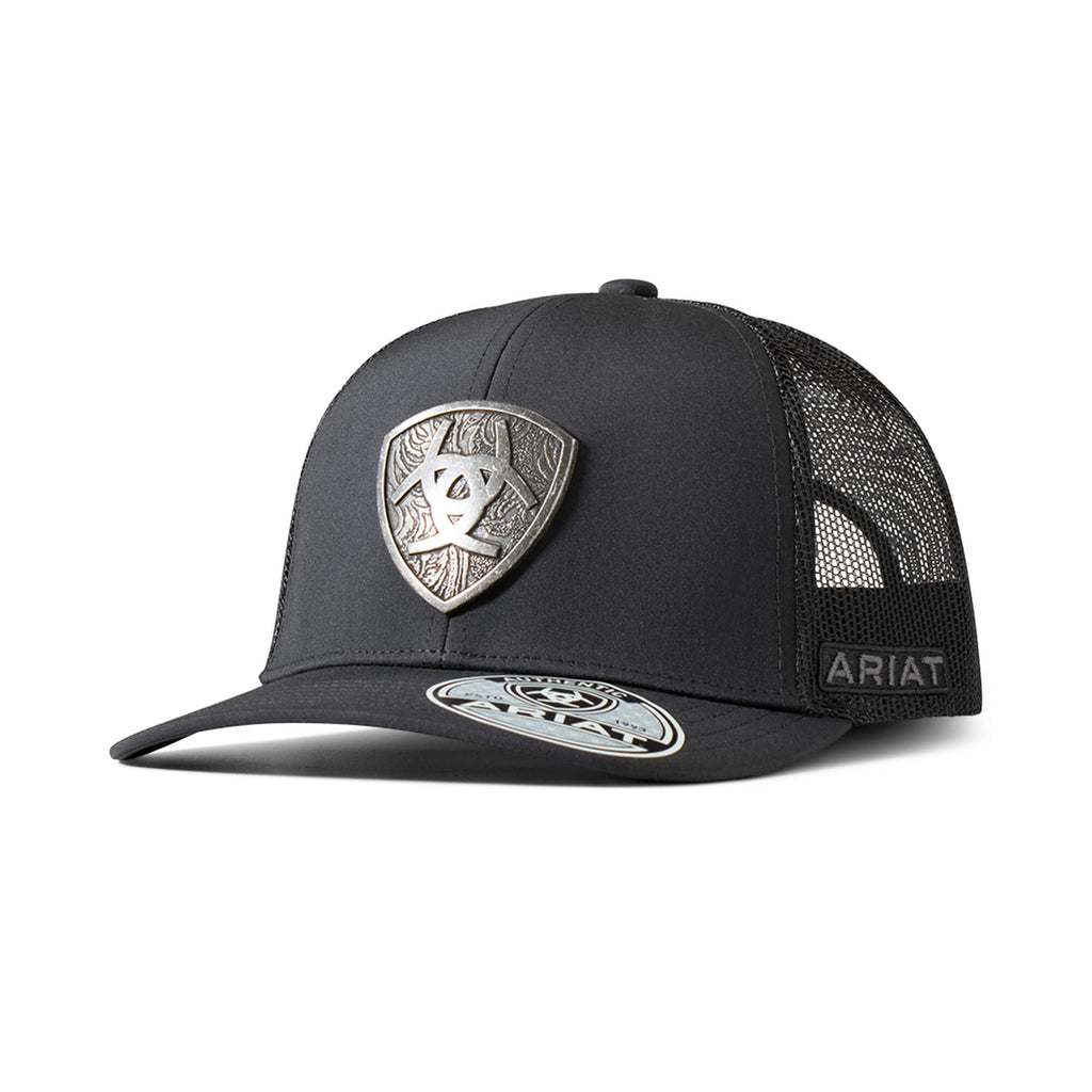 Ariat men's trucker cap with metal shield logo patch and mesh back panel
