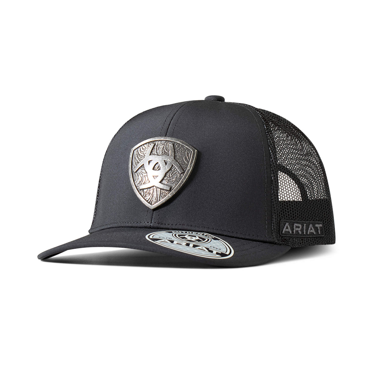 Ariat men's trucker cap with metal shield logo patch and mesh back panel