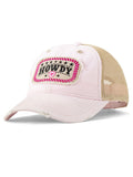 Ariat distressed trucker cap with embroidered Howdy patch, mesh back panel, and worn brim