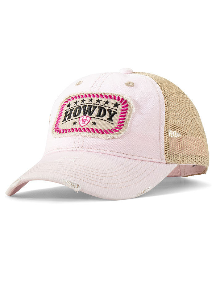 Ariat distressed trucker cap with embroidered Howdy patch, mesh back panel, and worn brim