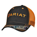 Ariat trucker cap with embroidered logo on black front panel and orange mesh back