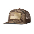 Ariat men's camouflage trucker cap with embroidered American flag patch on front panel
