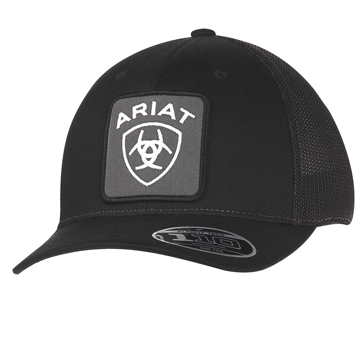 Ariat Flexfit 110 black trucker cap with large embroidered shield logo patch on front