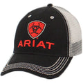 Ariat trucker cap with red embroidered logo on black front panel and grey mesh back