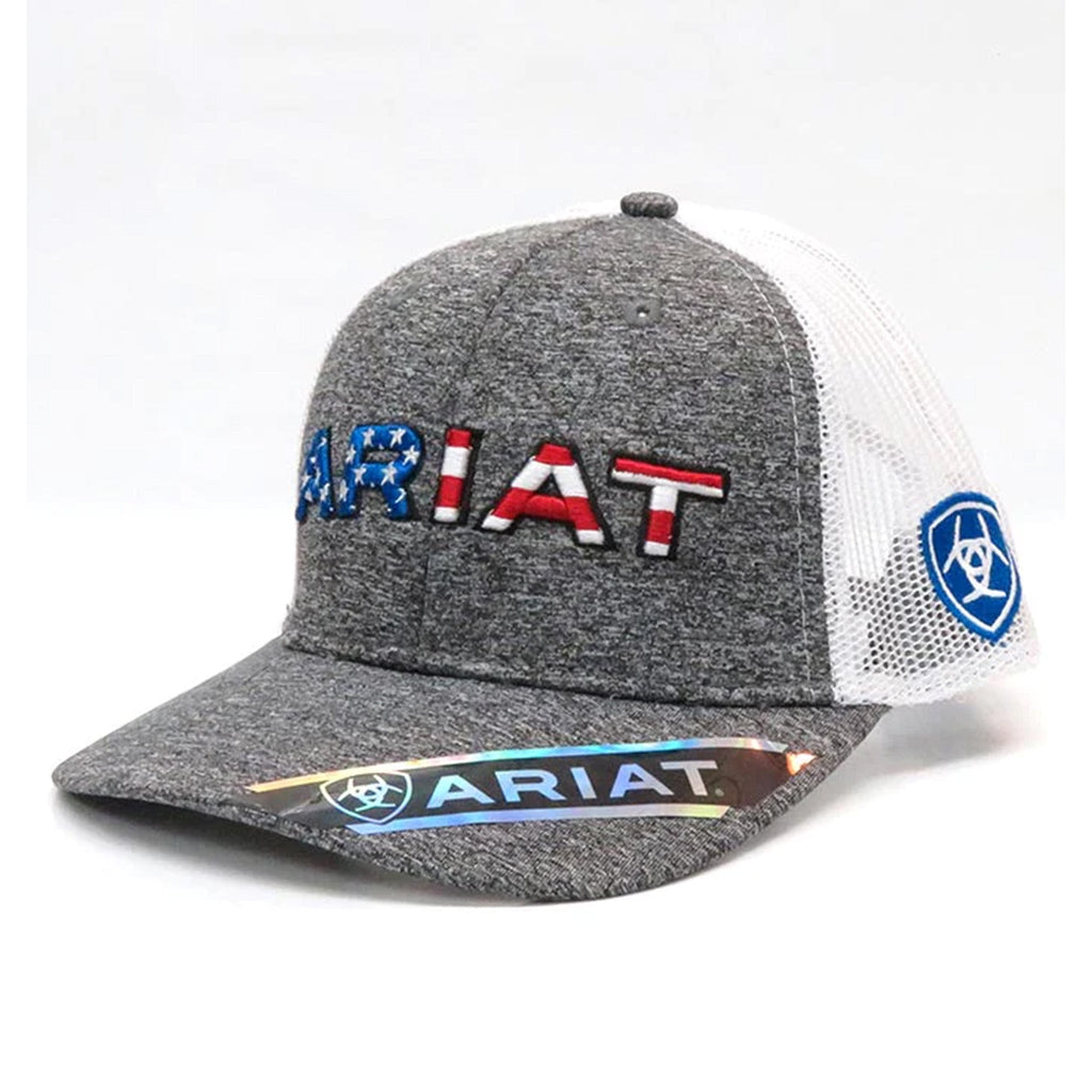 Ariat grey trucker cap with red white and blue USA flag embroidered logo and white mesh back