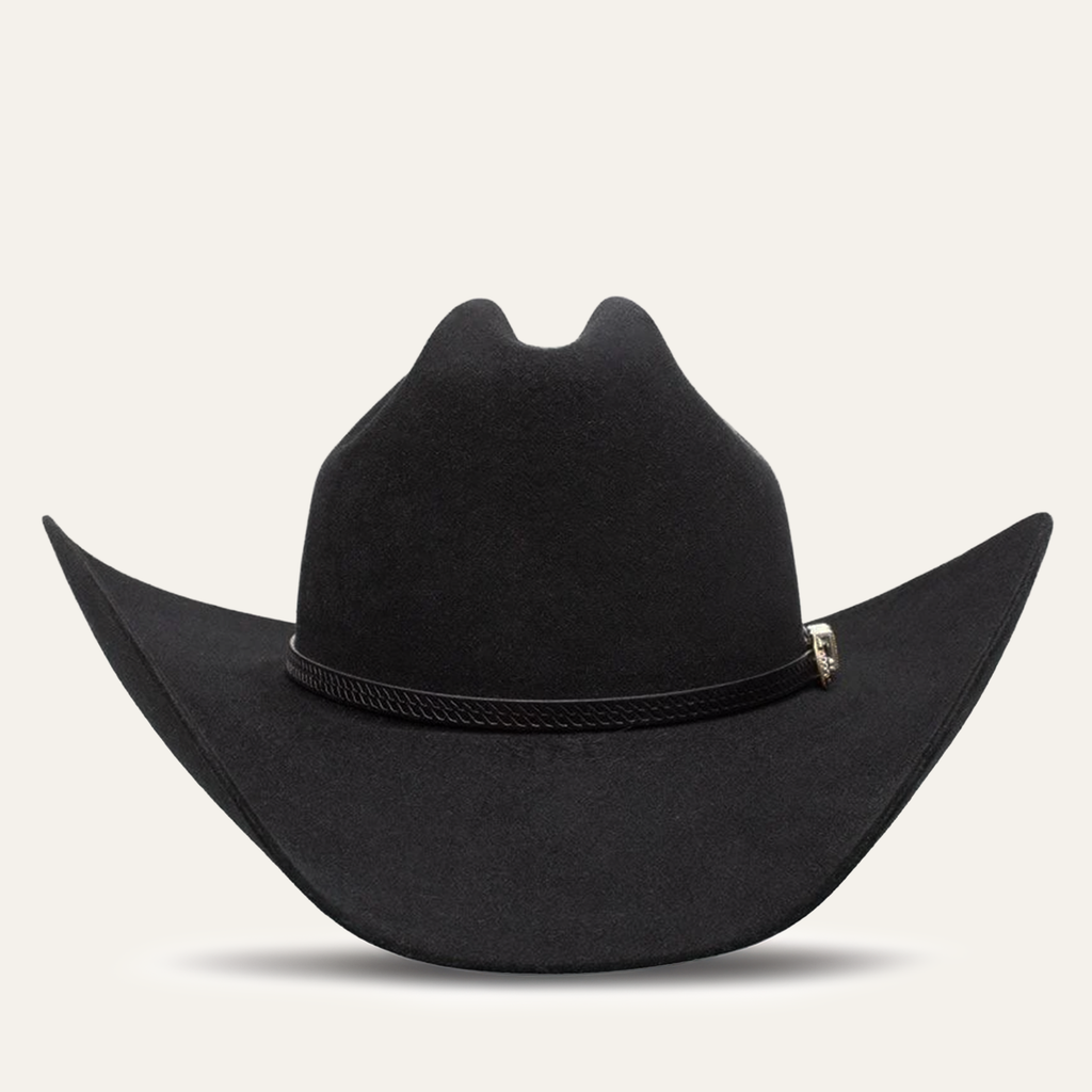 Black felt cowboy hat with decorative braided band and silver concho detail