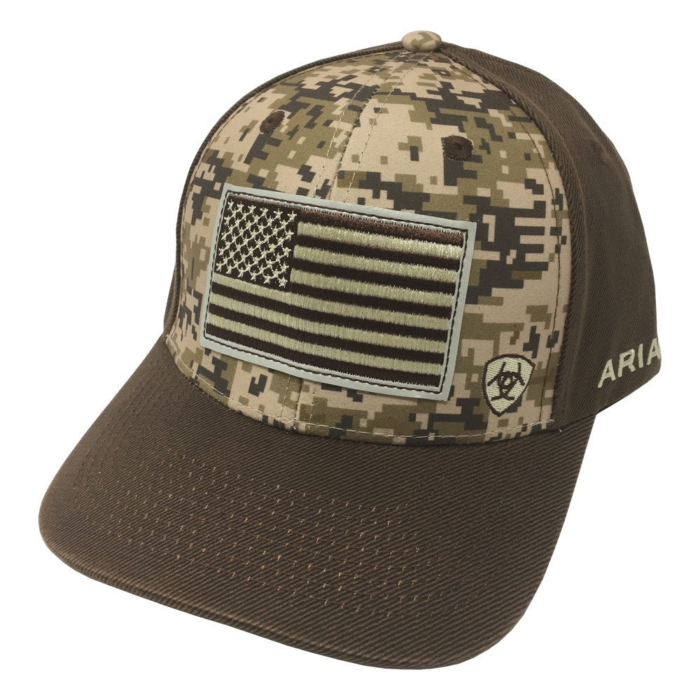 Ariat men's baseball cap with digital camouflage front panel and embroidered American flag patch