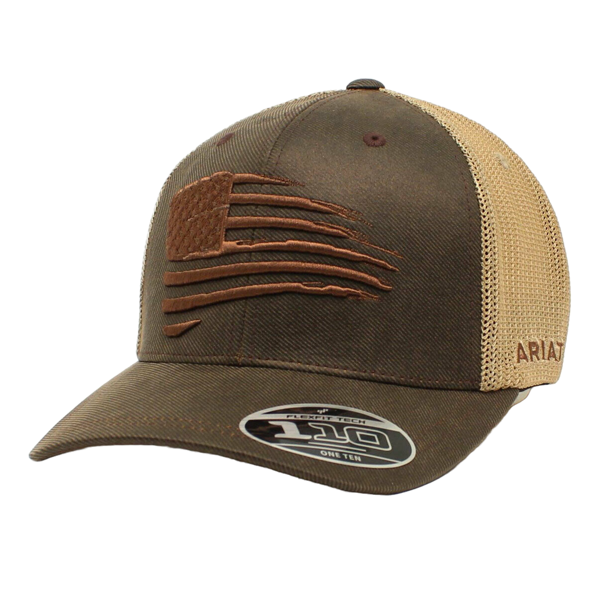 Ariat men's flexfit trucker cap with embroidered distressed American flag on front panel