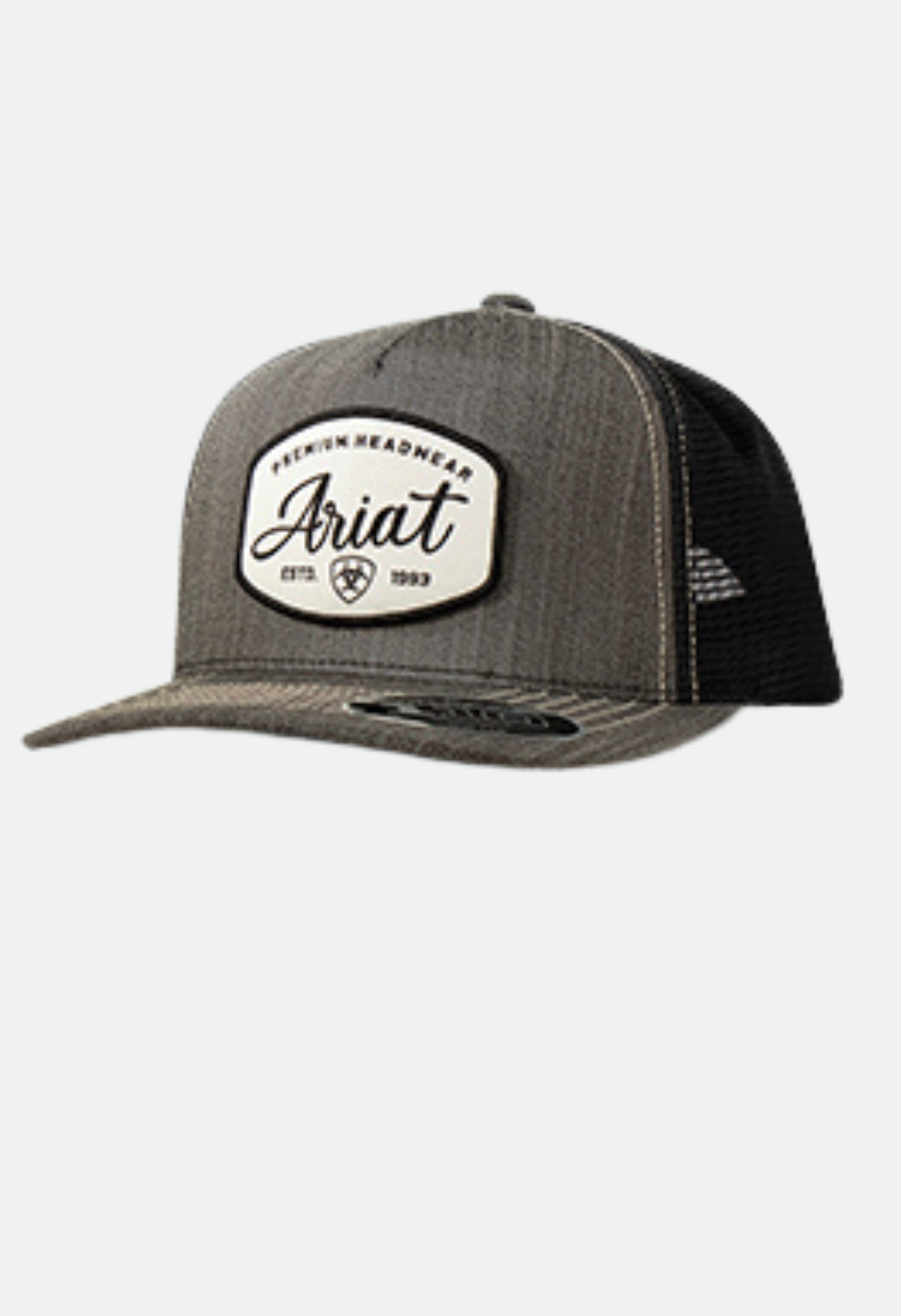 Ariat trucker cap with white patch logo, heather gray front and black mesh back