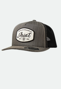 Ariat trucker cap with white patch logo, heather gray front and black mesh back