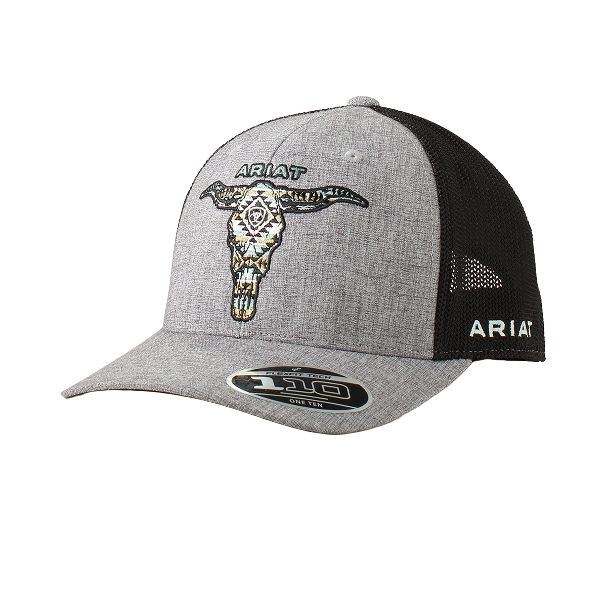 Ariat FlexFit 110 trucker cap with embroidered Aztec longhorn skull on front panel