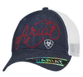 Ariat womens navy denim unstructured trucker cap with red cursive logo and white mesh back