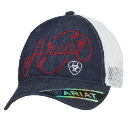 Ariat womens navy denim unstructured trucker cap with red cursive logo and white mesh back
