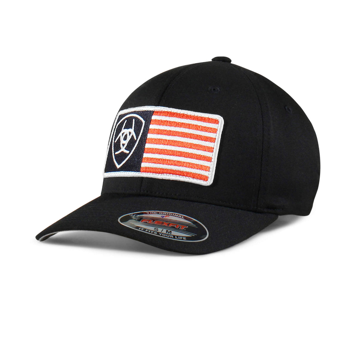 Black structured flexfit cap with embroidered Ariat shield logo and American flag patch on front
