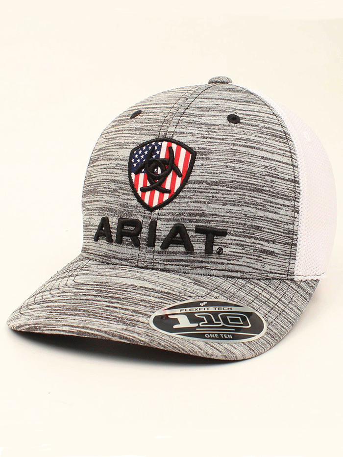 Ariat Flexfit 110 cap with American flag shield logo on heathered grey front panel