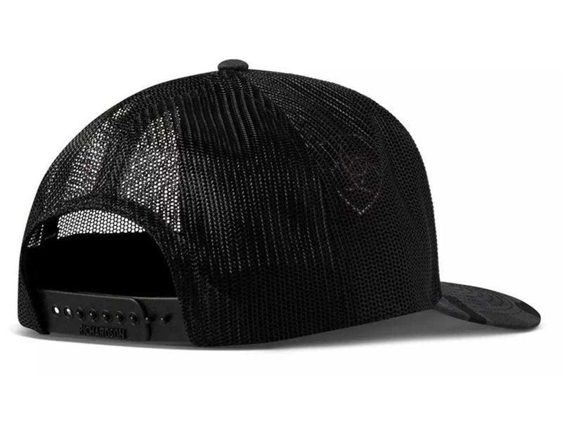 Back view of a black mesh trucker hat with snapback closure and flat brim