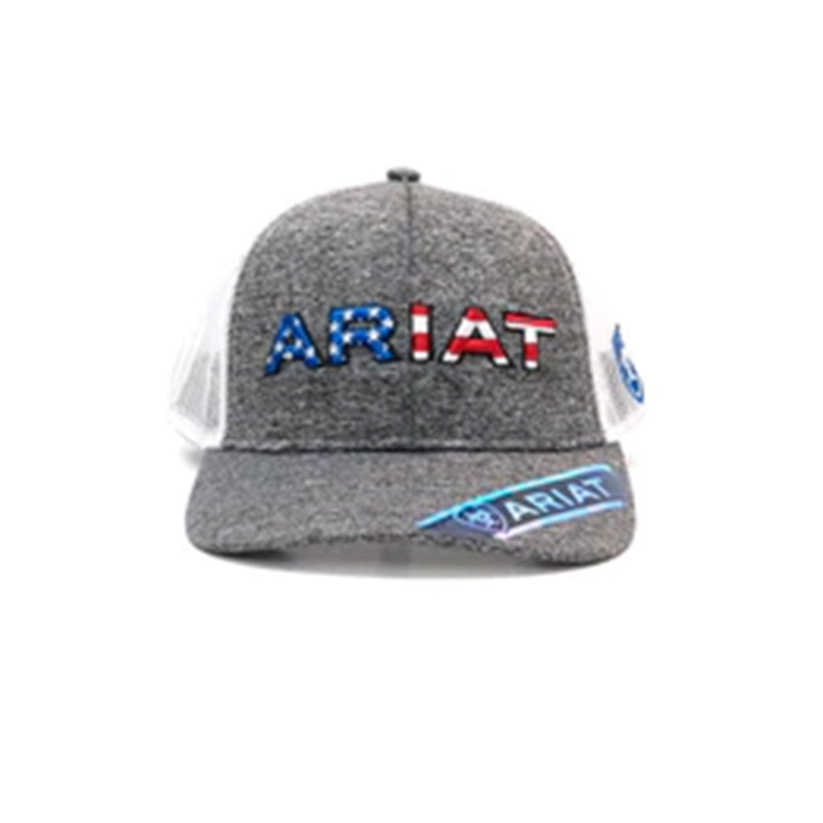Ariat men's grey trucker cap with American flag embroidered logo and mesh back