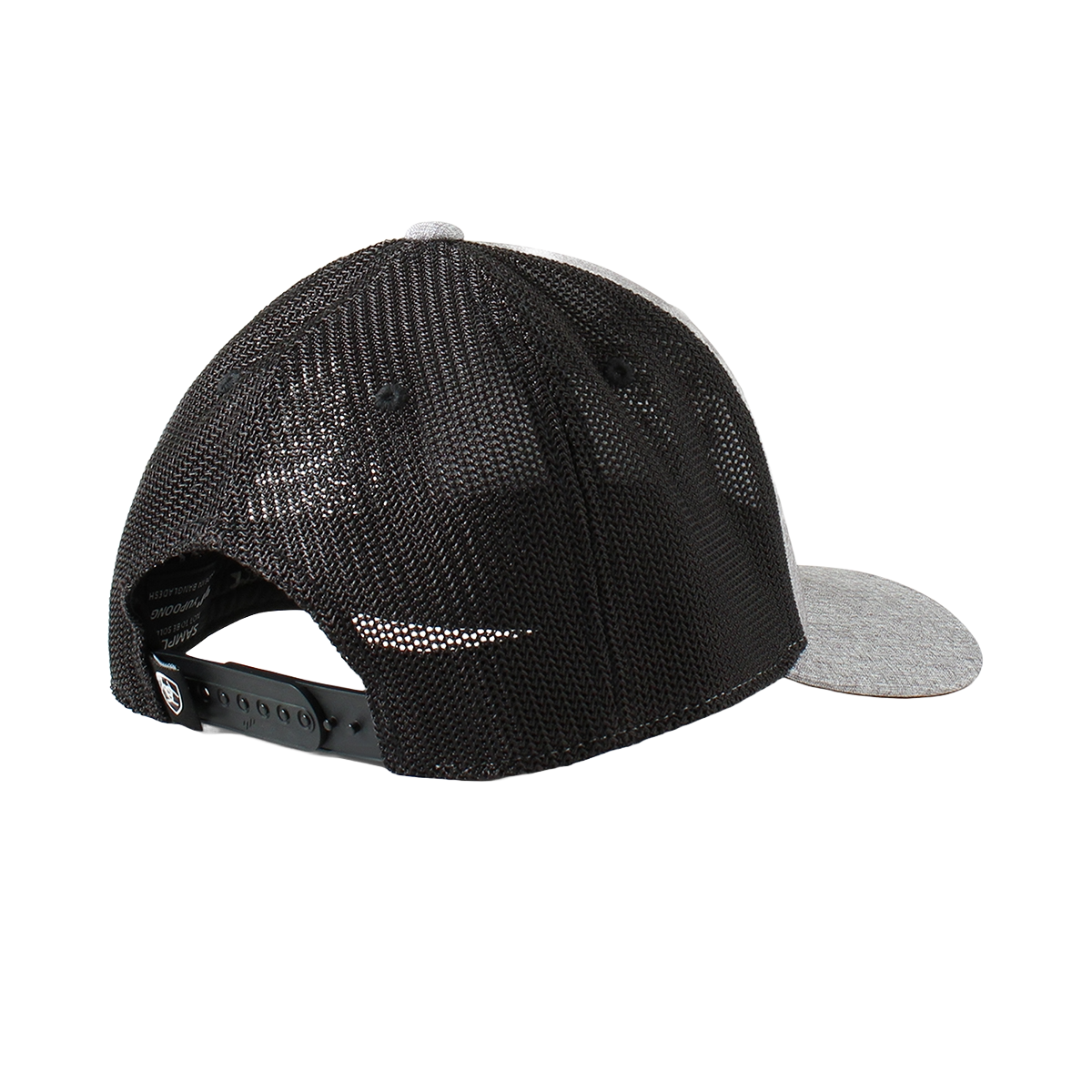 Back view of a black mesh trucker cap with gray brim and adjustable snapback closure