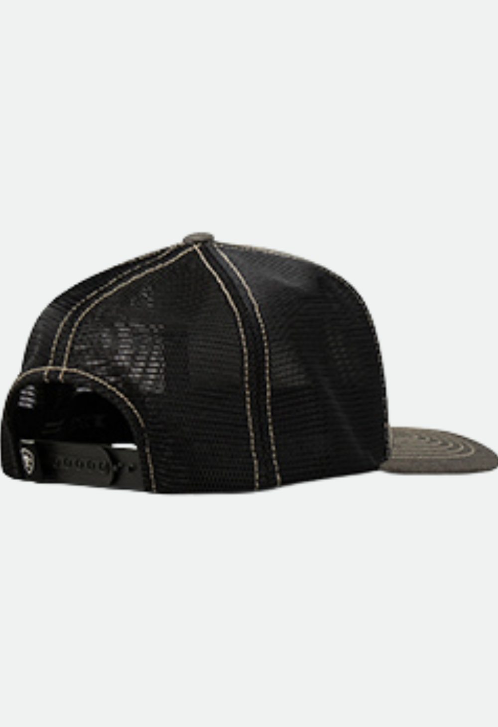 Back view of a men's snapback trucker hat with black mesh panels and contrast stitching