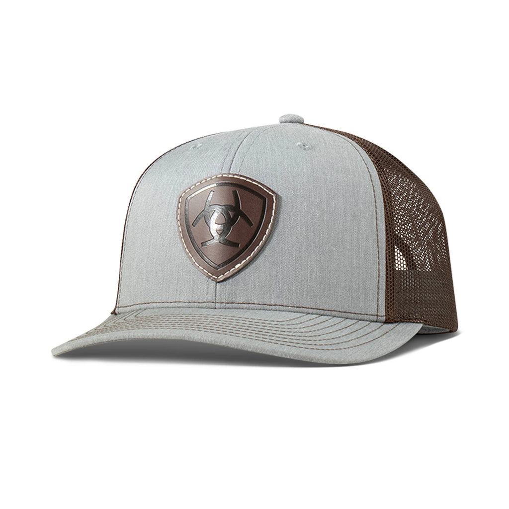 Ariat trucker cap with faux leather shield logo patch on structured front panel