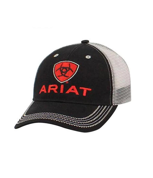 Ariat trucker cap with embroidered shield logo on structured black front panel and mesh back