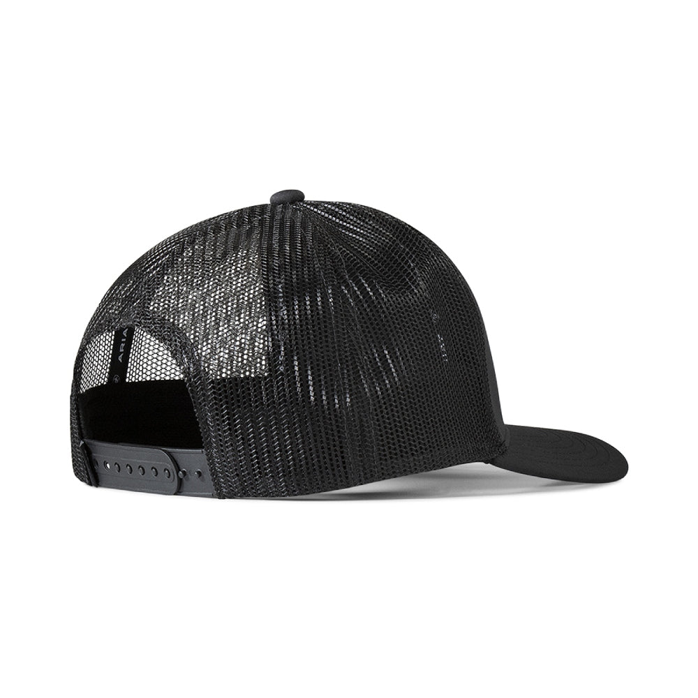Back view of a black trucker cap with mesh panels and snapback closure