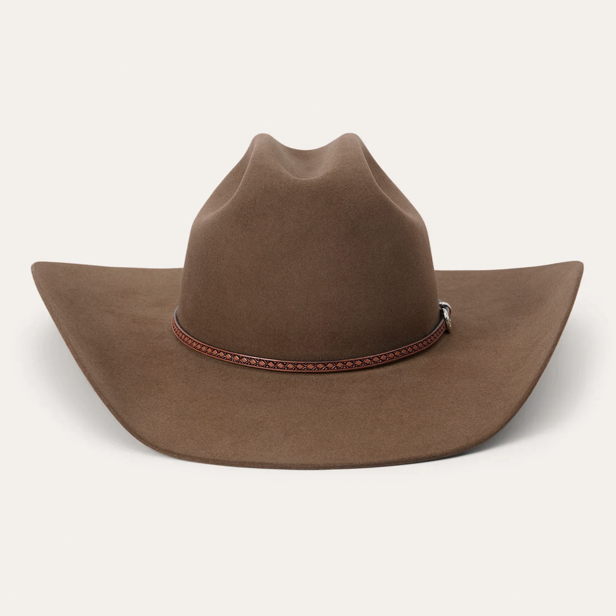 Mens felt cowboy hat with wide brim and decorative leather hatband with silver buckle