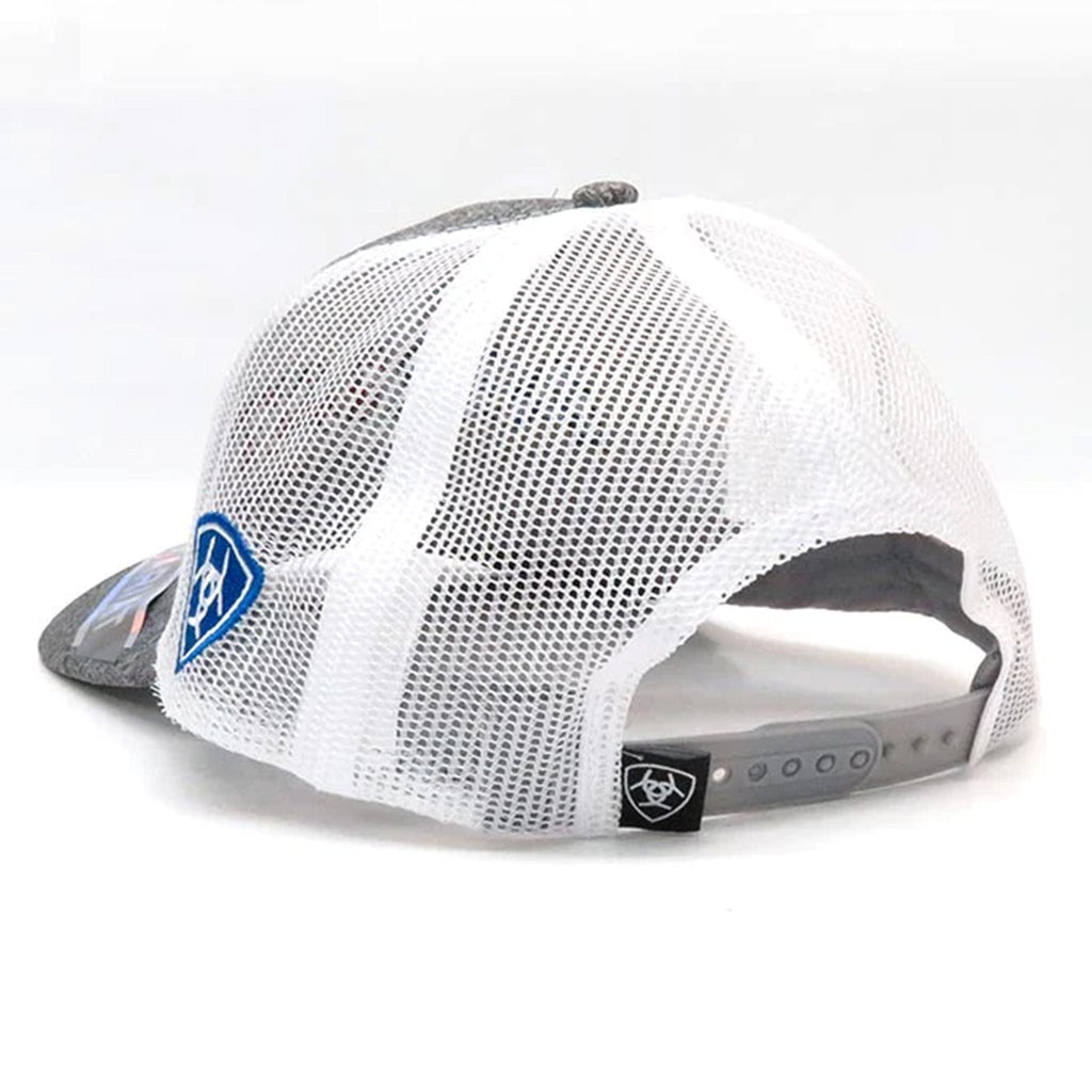 Back view of Ariat grey trucker cap with white mesh panels and snapback closure